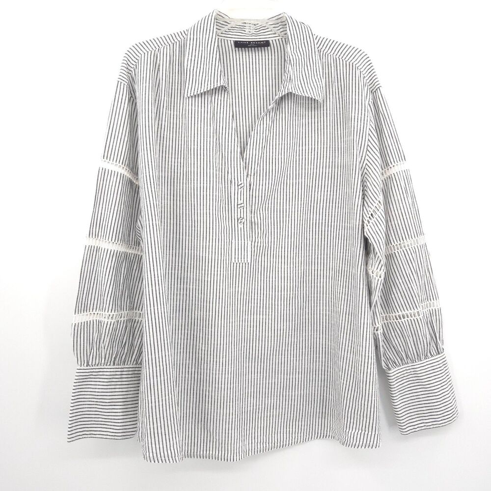 Lane Bryant striped‎ cotton popover top Size 18/20 crochet trim long puff sleeve